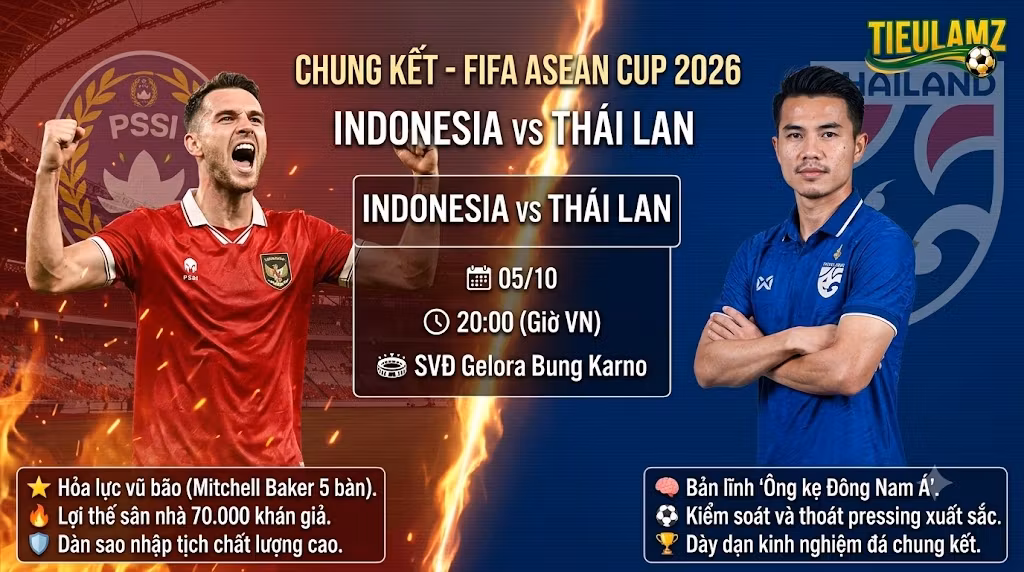 Nhận định trực tiếp trận chung kết rực lửa Indonesia vs Thái Lan giải FIFA ASEAN Cup 2026 trên TieuLamTV.