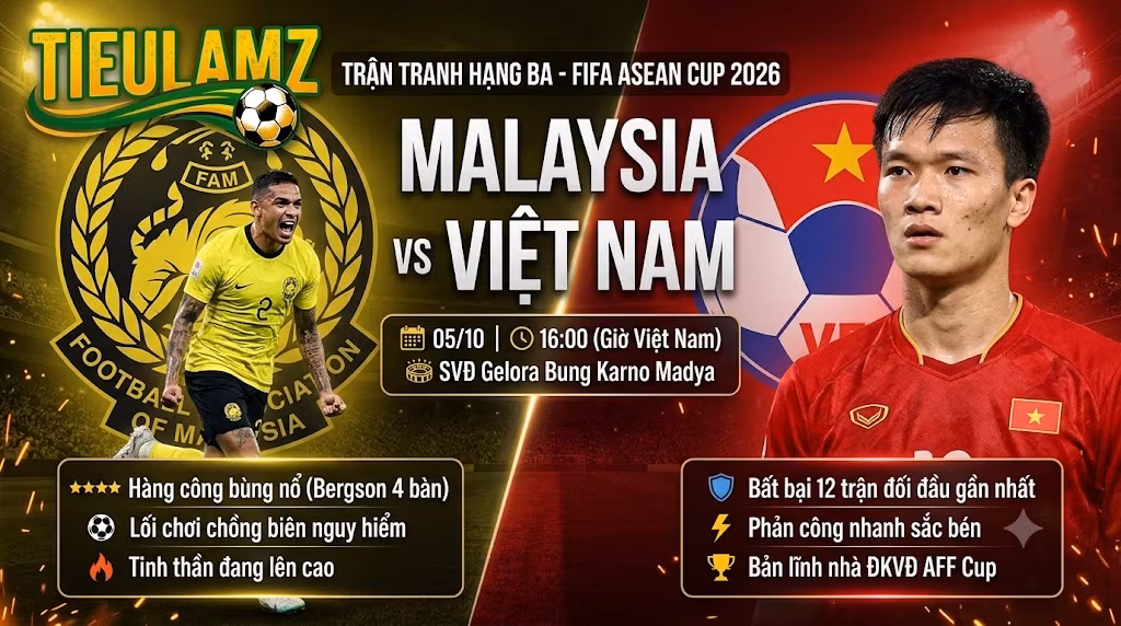 Nhận định trực tiếp trận đấu Malaysia vs Việt Nam tranh hạng ba FIFA ASEAN Cup 2026 trên TieuLamTV.